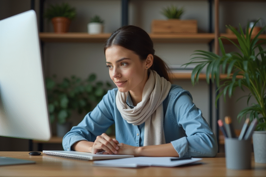 Jeune femme organisée dans un bureau moderne et calme
