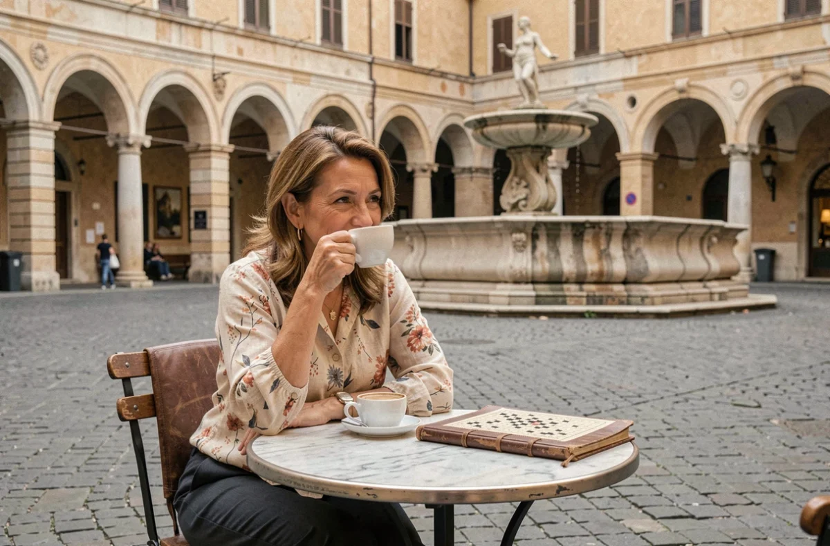 Femme italienne résolvant des mots croisés en terrasse d'un café dans une piazza historique