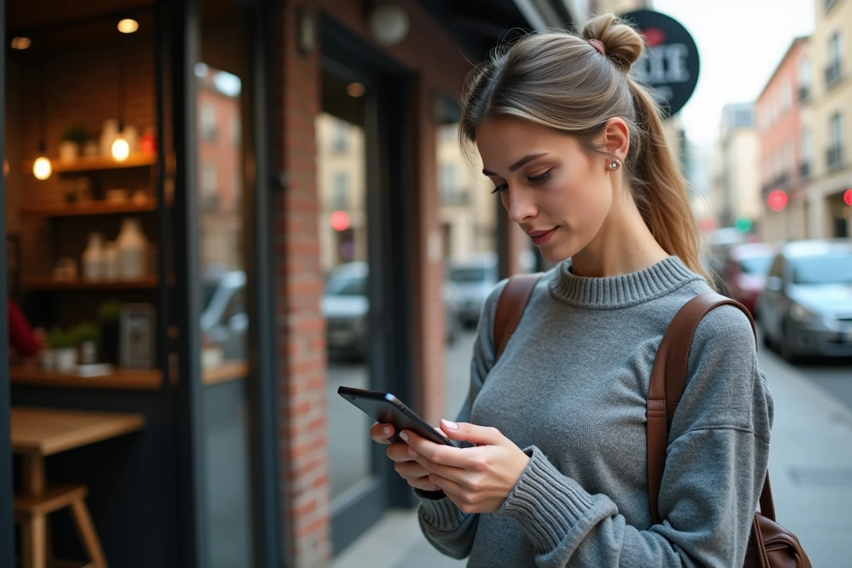 Femme dans un café urbain utilisant son smartphone
