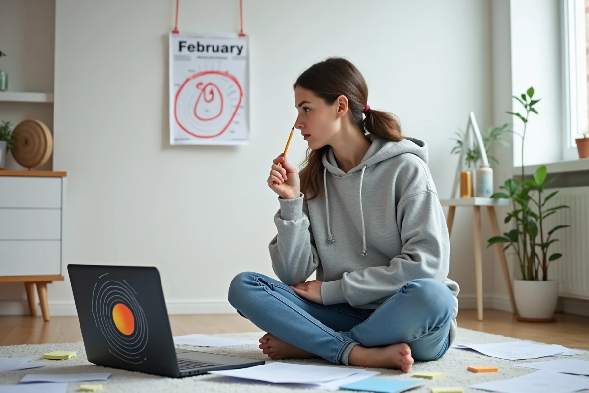 Jeune femme entourée de pages de calendrier et de notes étudiant le concept de l'année bissextile avec un calendrier mural