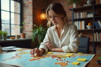 Femme consultant une carte des fuseaux horaires mondiaux dans un bureau à domicile chaleureux, illustrant le fuseau GMT+2