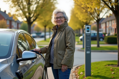 Femme branchant une voiture électrique dans un parc suburbain