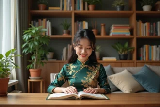 Femme en cheongsam lisant un manhua dans un intérieur moderne