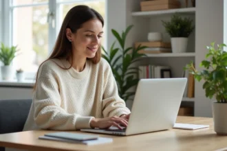 Femme consultant un site de comparaison de produits sur un ordinateur portable dans un bureau à domicile moderne