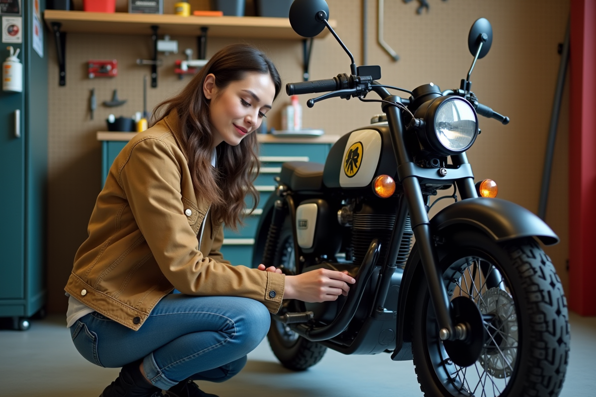 Femme appliquant un decal sur une moto dans un garage organisé
