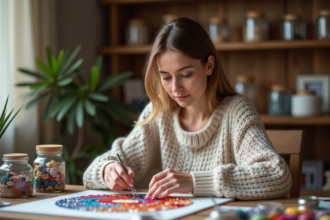 Femme concentrée réalisant un diamant art dans un atelier cosy