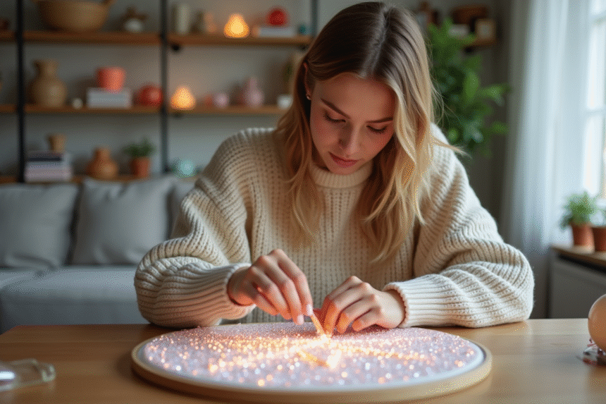 Jeune femme créant un art diamant dans un salon lumineux