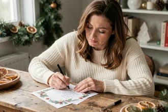 Femme écrivant une carte de Noël imprimée sur un bureau en bois avec décorations de fêtes en arrière-plan