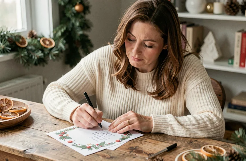 Femme écrivant une carte de Noël imprimée sur un bureau en bois avec décorations de fêtes en arrière-plan