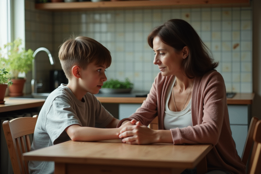 Femme et adolescent dans une cuisine chaleureuse