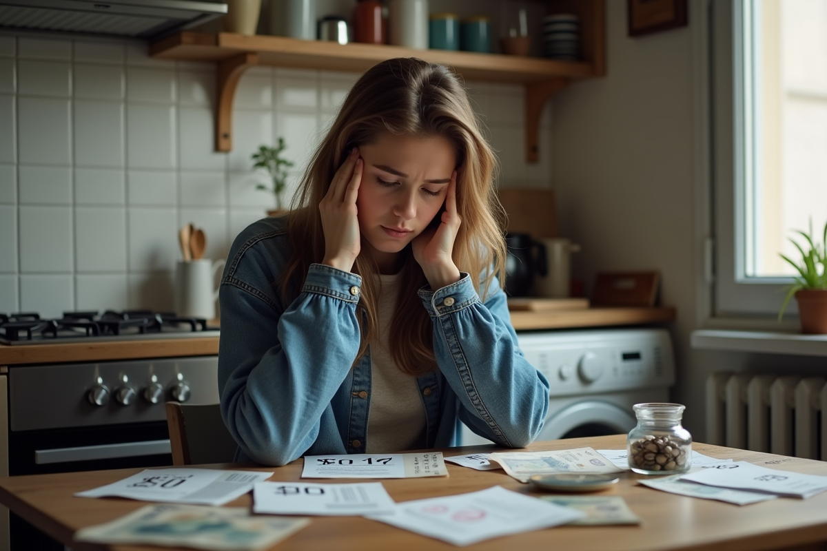Jeune femme préoccupée à la cuisine avec factures