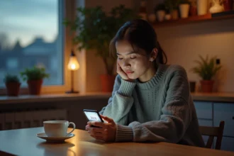 Jeune femme songeuse regardant l'heure 20h20 sur son smartphone, assise seule dans une cuisine chaleureuse, symbolisant l'attente d'un retour amoureux