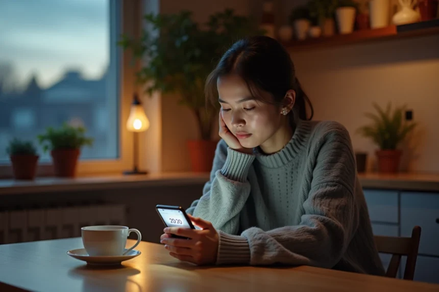 Jeune femme songeuse regardant l'heure 20h20 sur son smartphone, assise seule dans une cuisine chaleureuse, symbolisant l'attente d'un retour amoureux