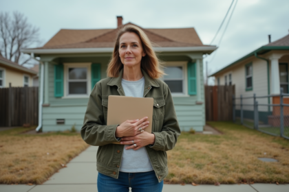 Femme d'âge moyen avec dossier immobilier devant maison modeste
