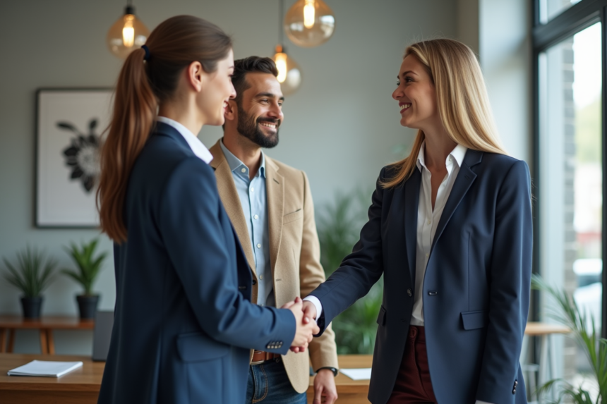 Femme professionnelle serrant la main d'un couple dans un bureau moderne