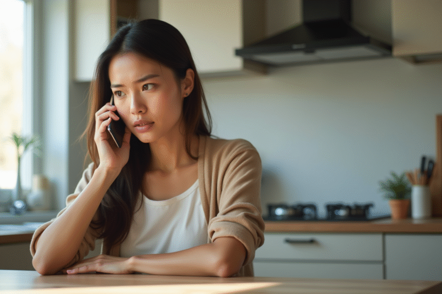 Femme inquiète tenant un smartphone dans une cuisine lumineuse