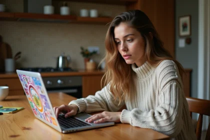 Jeune femme jouant à Monopoly en ligne sur un ordinateur portable dans une cuisine chaleureuse sans inscription