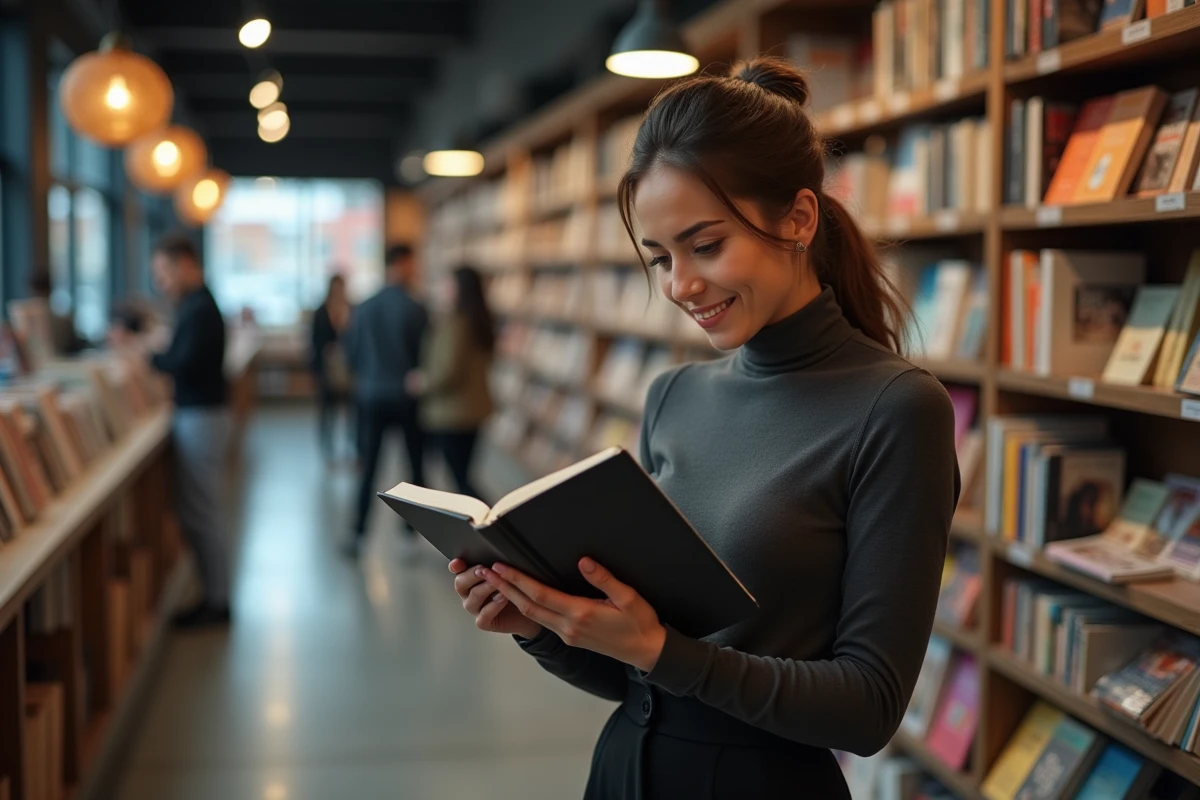 Femme feuilletant un roman dark romance dans une librairie moderne aux étagères chargées de livres, atmosphère urbaine contemporaine