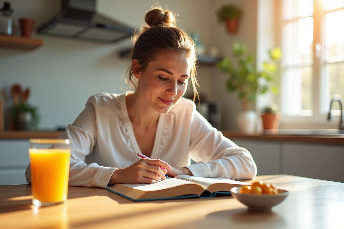 Femme lisant un livre à la cuisine avec jus d