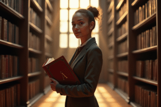 Jeune femme confiante dans une bibliothèque avec un livre ancien