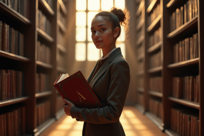 Jeune femme confiante dans une bibliothèque avec un livre ancien
