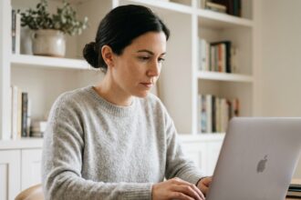 Femme travaillant sur un MacBook Pro Apple dans un bureau à domicile moderne et minimaliste