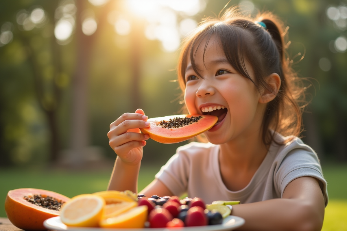 Jeune femme croquant une tranche de papaya en plein air