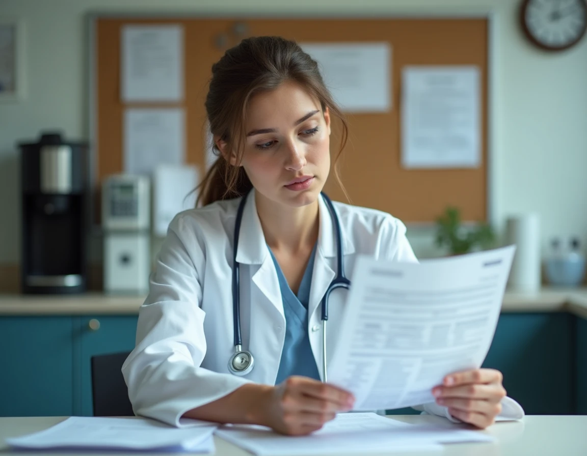 Femme médecin assise à un bureau d'hôpital consultant des dossiers médicaux annotés, expression concentrée et déterminée