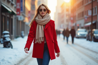 Femme élégante marchant dans la ville enneigée en manteau rouge