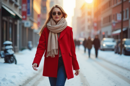 Femme élégante marchant dans la ville enneigée en manteau rouge