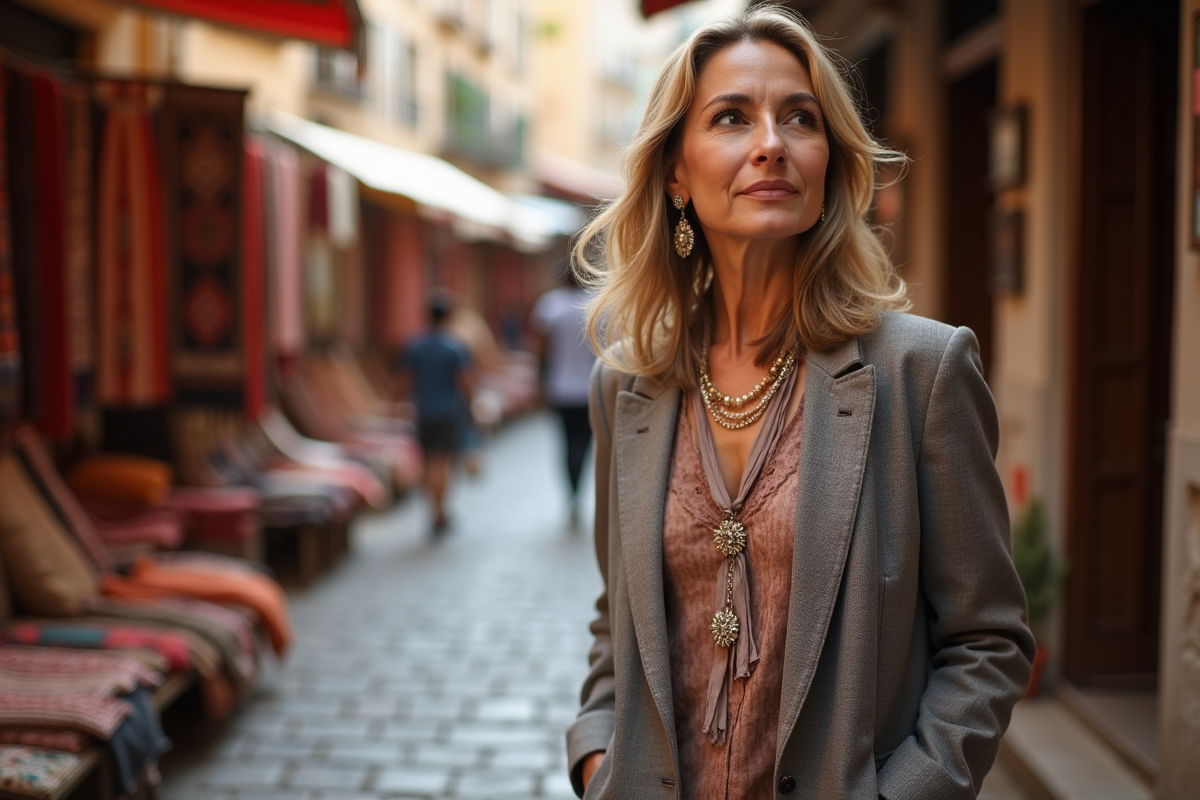 Femme élégante dans un marché textile traditionnel
