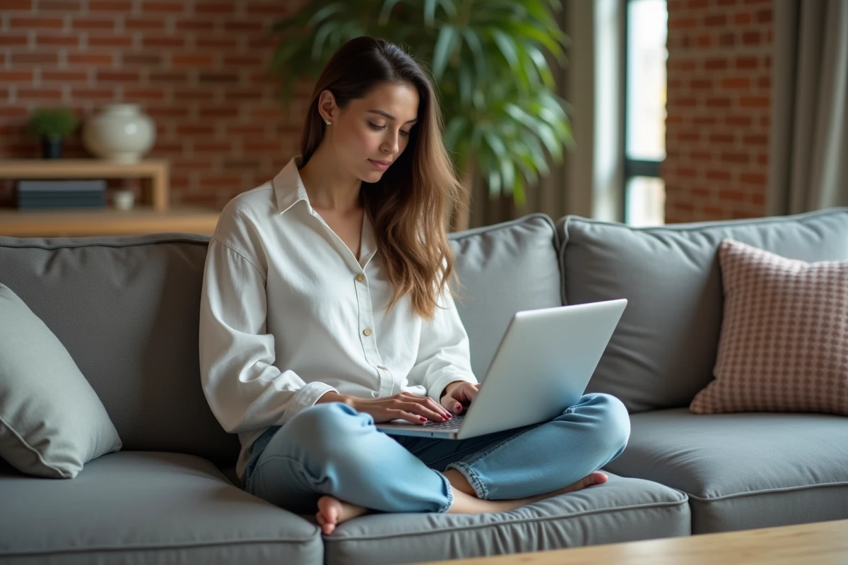 Femme utilisant un ordinateur portable pour naviguer sur une plateforme vidéo alternative depuis son salon en France