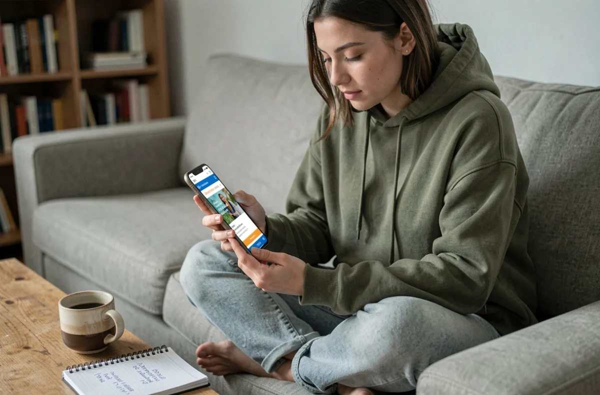 Jeune femme organisant un achat groupé de billets de festival sur son smartphone depuis chez elle