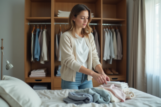 Femme triant des vêtements dans une chambre minimaliste