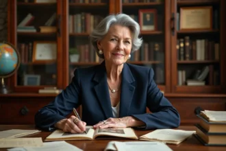 Femme aux cheveux argentés consultant des documents généalogiques et photographies de famille anciennes dans un bureau chaleureux rempli de livres