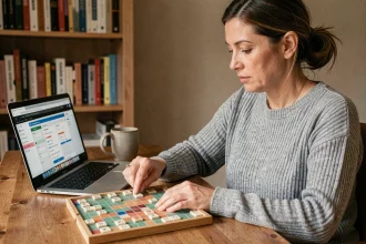 Femme utilisant un outil anagramme en ligne pour jouer au Scrabble sur un bureau en bois à domicile