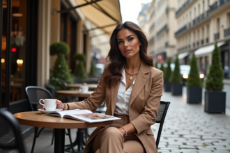 Femme élégante dans un café parisien en tailleur