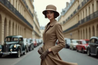 Jeune femme élégante en robe années 1930 à Paris