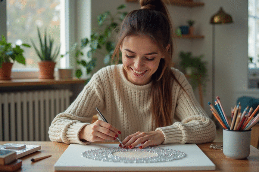 Jeune femme appliquant des perles de diamants sur une toile