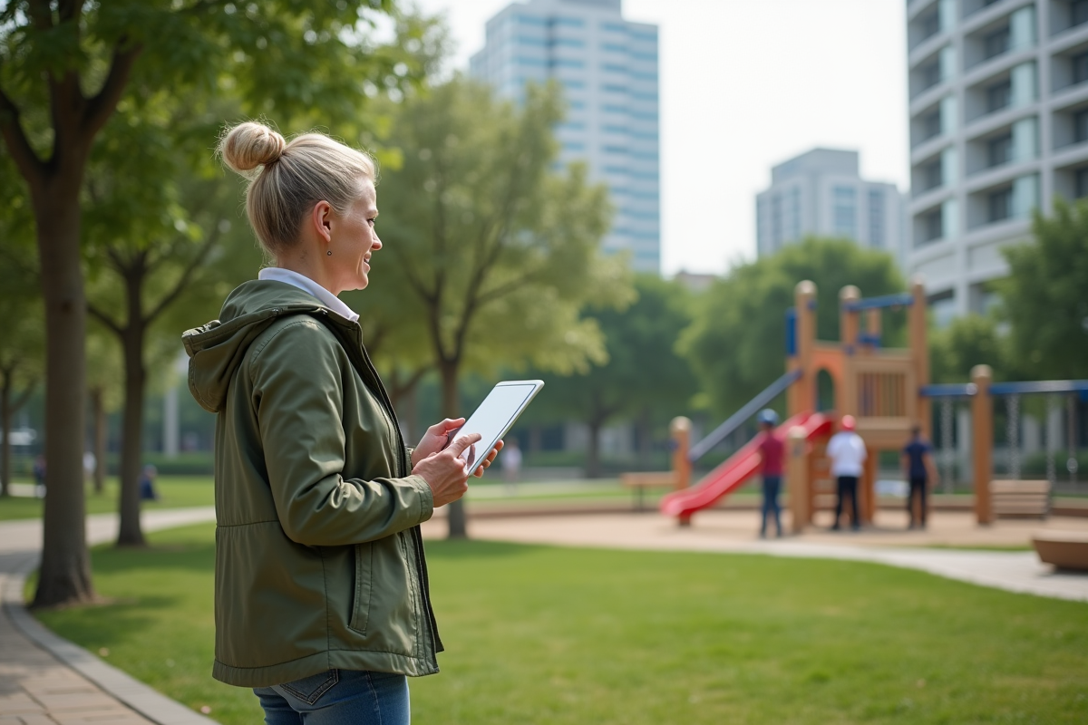 Femme avec tablette observant le parc avec équipements durables