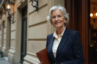 Portrait d'une femme politique française élégante devant un immeuble parisien haussmannien, style éditorial journalistique
