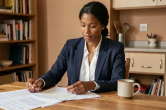 Femme consultant un document PDF de préparation à l'entretien de naturalisation à la maison