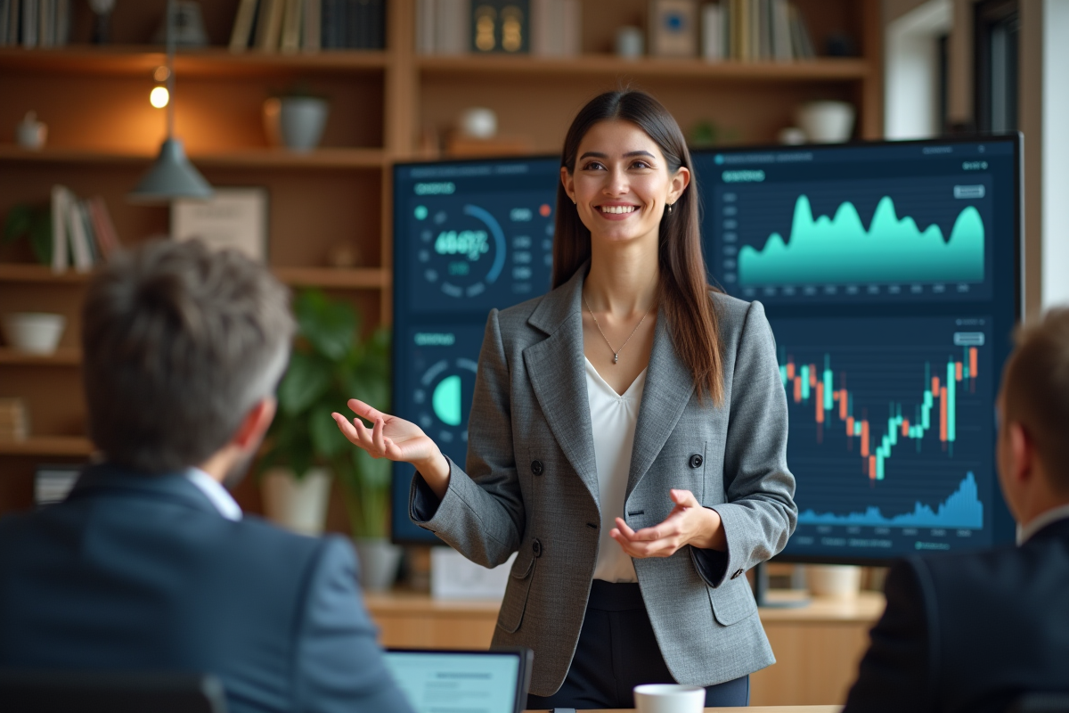 Femme professionnelle expliquant des données financières devant un écran
