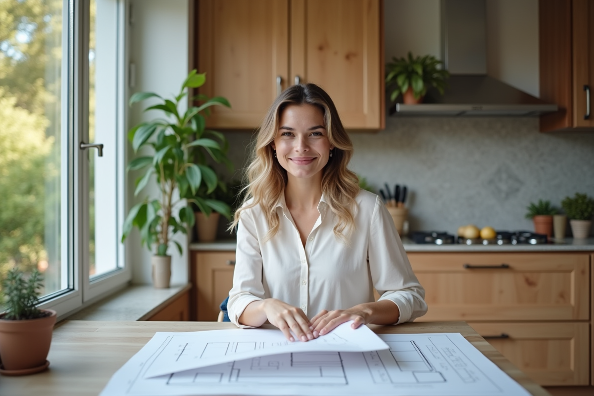 Femme détendue examinant des plans dans la cuisine