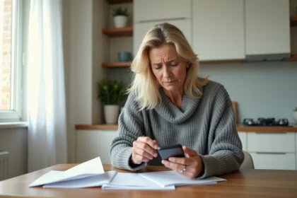 Femme d'une cinquantaine d'années cherchant le numéro du SAV Darty sur son smartphone dans une cuisine