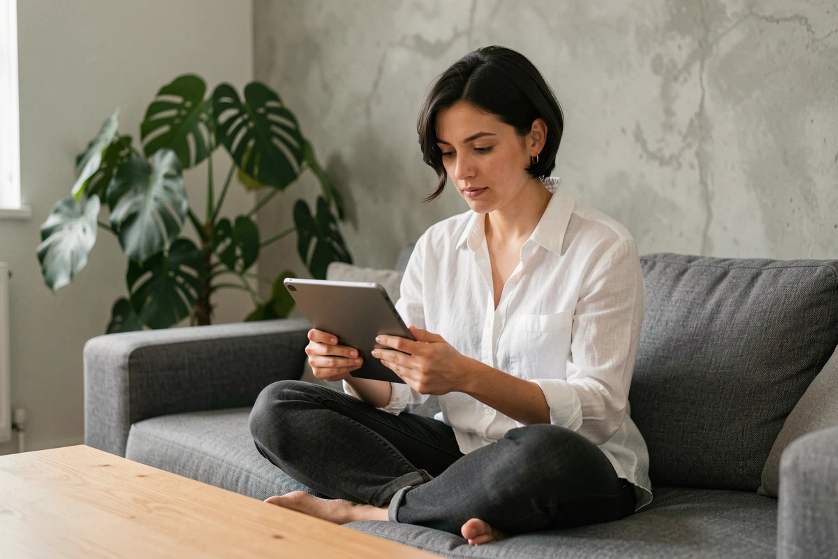 Une femme recherchant l'adresse officielle de 1jour1film sur une tablette dans un salon contemporain