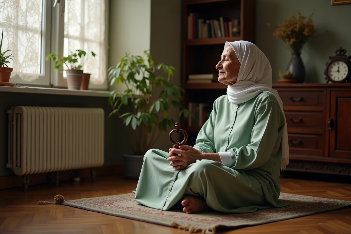 Femme âgée en recueillement sur son tapis de prière après la prière du maghrib à Compiègne