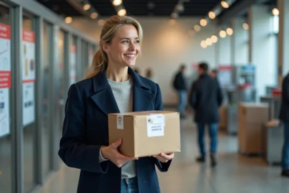 Femme dans un bureau de poste avec colis prêt à retourner