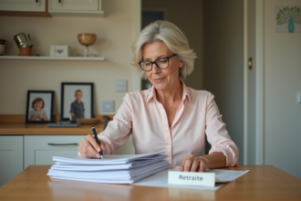 Femme vérifiant des documents de retraite à la maison