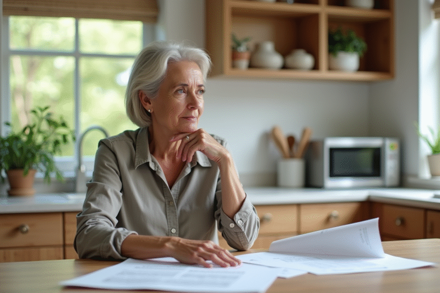 Femme d'âge moyen examine des documents immobiliers dans une cuisine lumineuse